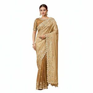 Exquisite Women's Cora Zari Tissue Silk Saree - Luxurious Golden Ethnic Wear